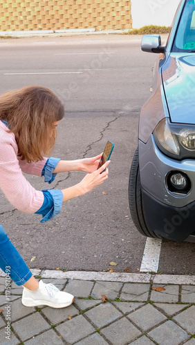 Obraz na płótnie Woman taking pictures of car damage for insurance claim after accident w salonie