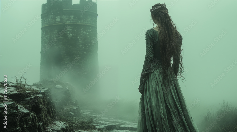 Fototapeta premium Medieval princess gazing at ancient tower in misty landscape, dark fantasy atmosphere