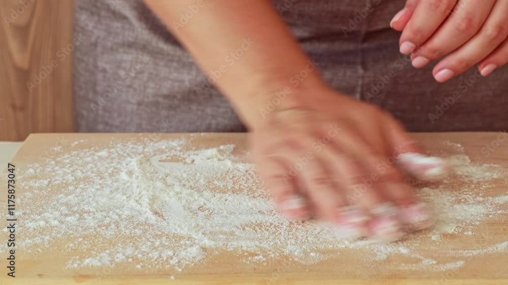 Female hands preparing wooden board for rolling out the dough with flour Female hands preparing wooden board for rolling out the dough with flour