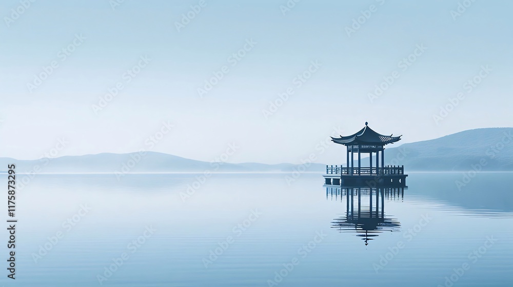 Serene gazebo on tranquil lake with mountain backdrop. Serene gazebo on tranquil lake with mountain backdrop.