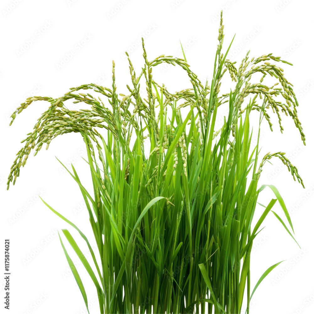 Obraz premium Fresh green rice plants growing brightly against a transparent background, showcasing their lush foliage and grain spikes, Green rice plants isolated on transparent background
