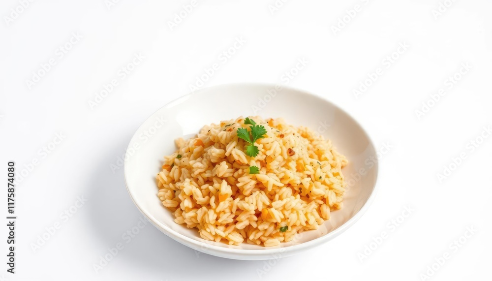 Appetizing rice dish on white plate against white background Appetizing rice dish on white plate against white background
