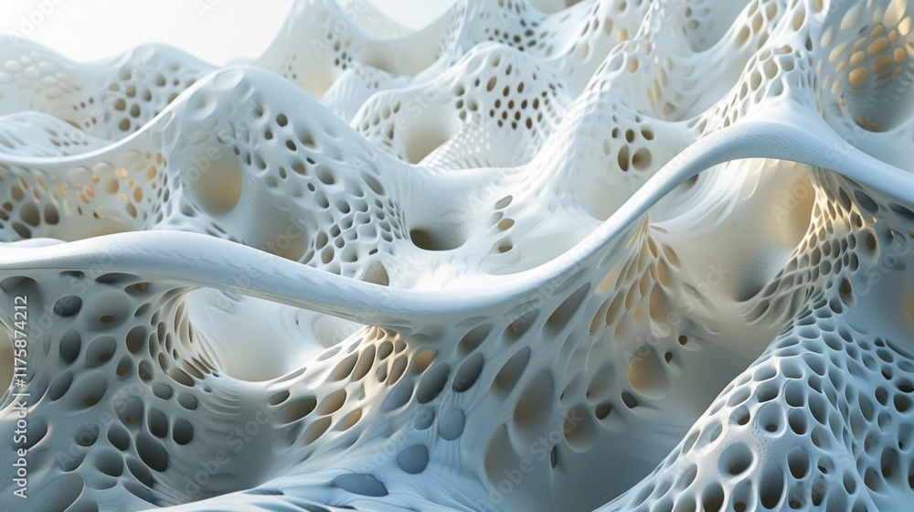 Abstract White Porous Landscape: A 3D Render of an otherworldly terrain with intricate holes and flowing forms, creating a surreal and futuristic scene. Abstract White Porous Landscape: A 3D Render of an otherworldly terrain with intricate holes and flowing forms, creating a surreal and futuristic scene.
