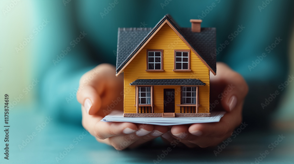 Yellow miniature house model held in caring hands, representing real estate protection concept Yellow miniature house model held in caring hands, representing real estate protection concept