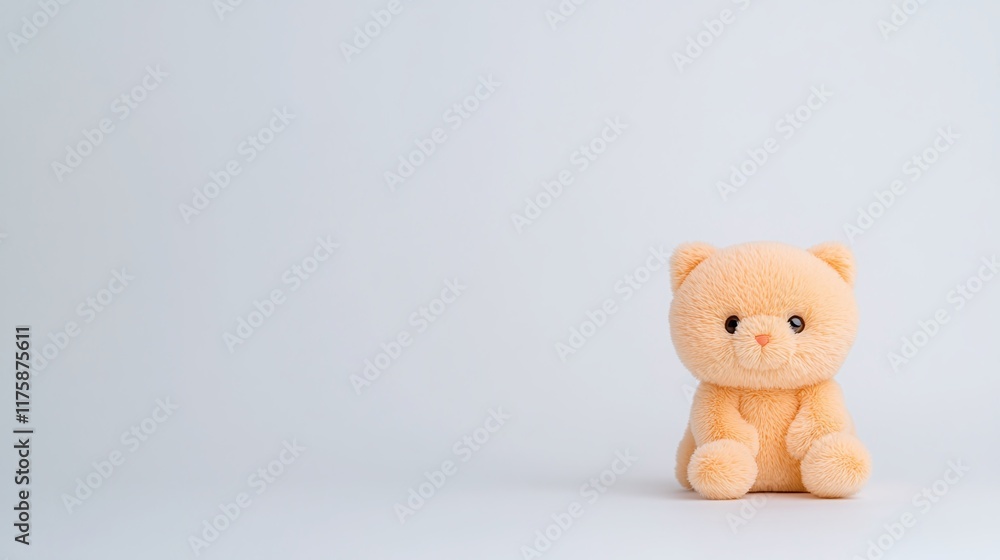 Beige plush kitten toy with bright orange eyes, minimalistic design on a soft light blue background, cute and cuddly stuffed animal for children, toy photography with copy space
Beige plush kitten toy with bright orange eyes, minimalistic design on a soft light blue background, cute and cuddly stuffed animal for children, toy photography with copy space