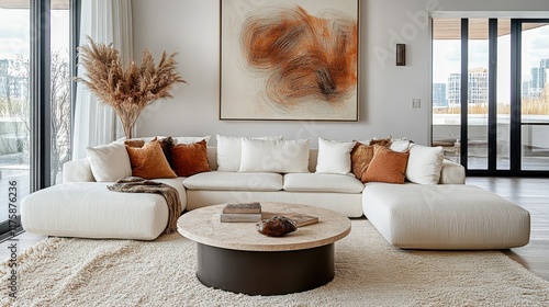 Modern minimalist living room, cream L-shaped sofa, round coffee tables, abstract wall art, neutral color palette, natural light, wooden floor, textured rug, dried pampas grass, sculptural decor, clea photo