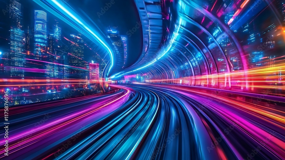 Fototapeta premium neon lights illuminate train tracks in futuristic cityscape