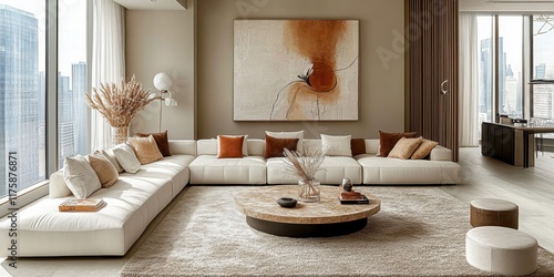 Modern minimalist living room, cream L-shaped sofa, round coffee tables, abstract wall art, neutral color palette, natural light, wooden floor, textured rug, dried pampas grass, sculptural decor, clea photo