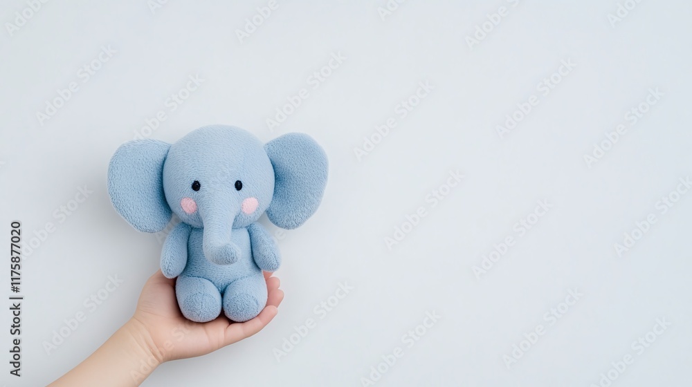 Blue plush elephant toy with floppy ears, held in a hand, minimalistic design on a light blue background, soft and cuddly stuffed animal for children, playful toy photography
Blue plush elephant toy with floppy ears, held in a hand, minimalistic design on a light blue background, soft and cuddly stuffed animal for children, playful toy photography