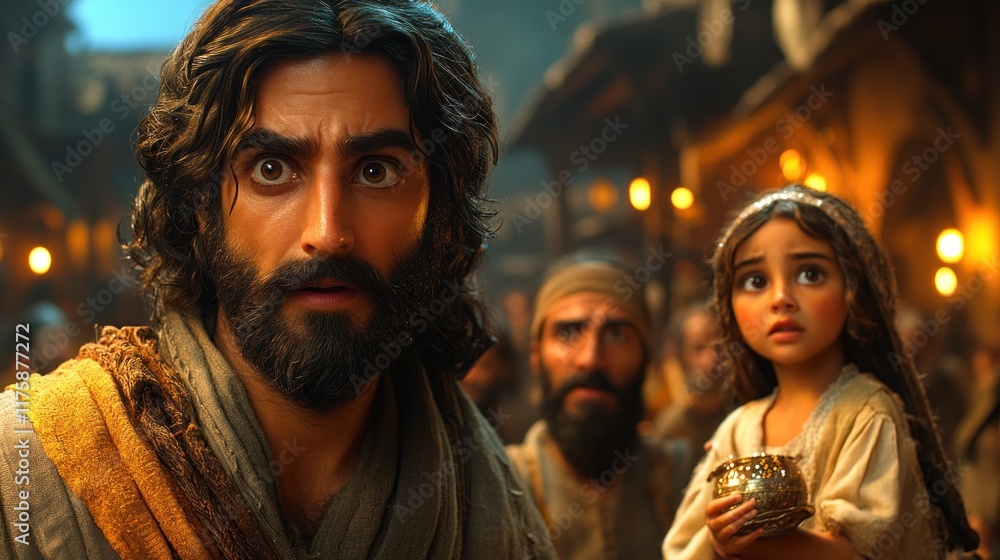 Animated characters, surprised expressions, marketplace scene, background lights, possible use for movie poster, children's movie Animated characters, surprised expressions, marketplace scene, background lights, possible use for movie poster, children's movie