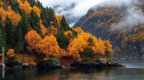 Majestic Alaskan cruise through Inside Passage showcasing panoramic views of rugged coastline vibrant foliage in golden hues crisp autumn air serene landscape breathtaking beauty and natural wonder

 photo