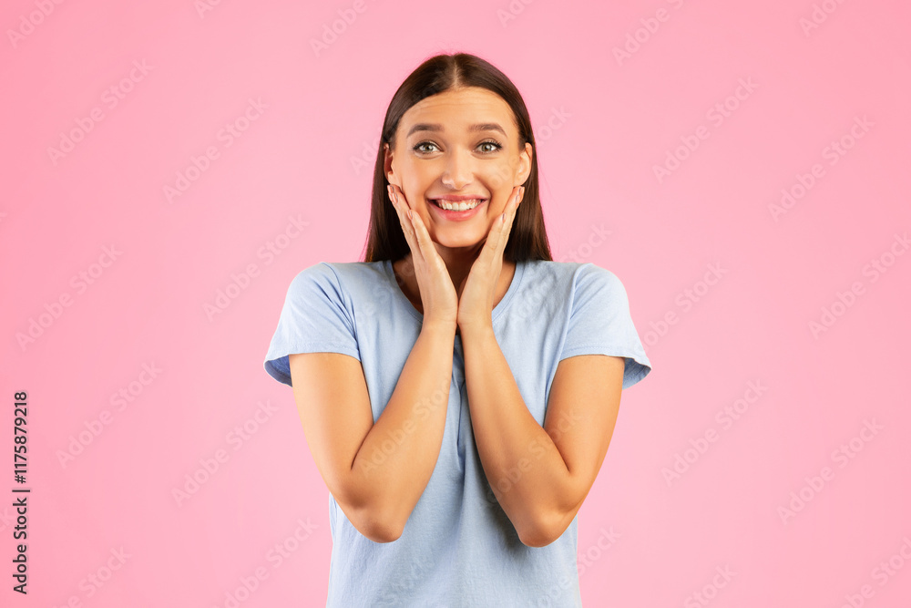 Portrait of excited lady touching cheek with joy isolated over orange studio wall, looking at camera, copyspace Portrait of excited lady touching cheek with joy isolated over orange studio wall, looking at camera, copyspace