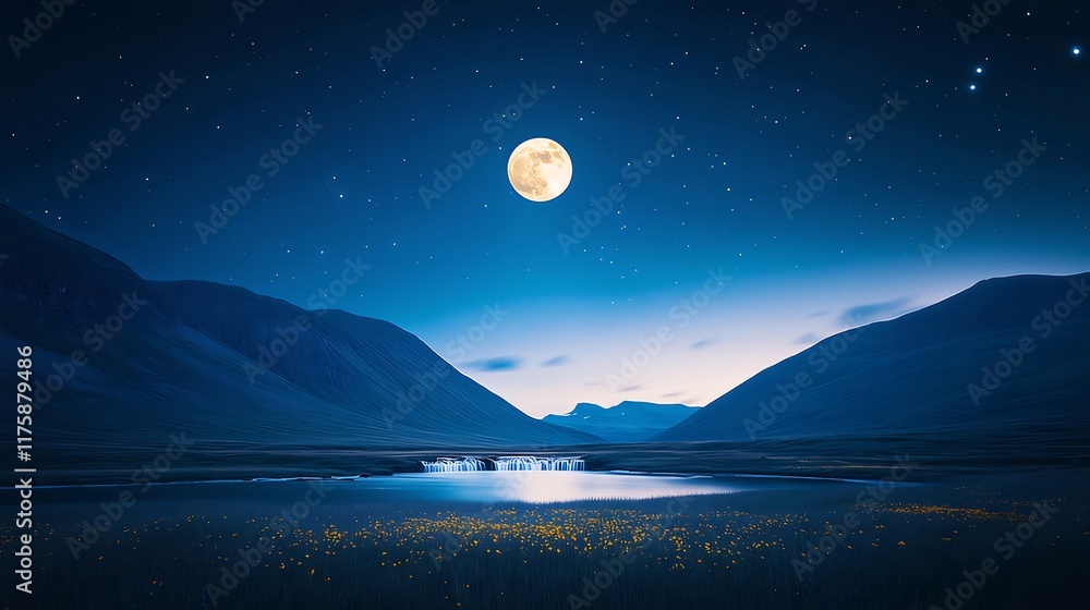 Serene moonlit landscape with mountains, lake, and wildflowers. Serene moonlit landscape with mountains, lake, and wildflowers.