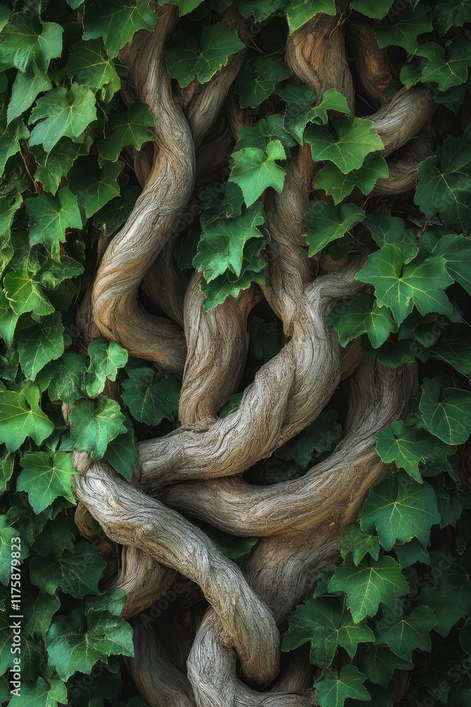 Naklejka premium Flowing vines entwined with lush green foliage create a vivid display of organic shapes in a thriving natural setting