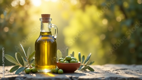 olive oil in a bottle and olives on a stone table