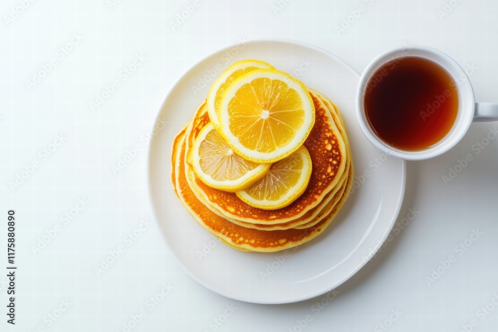 Stack of fluffy pancakes topped with fresh lemon slices served with a cup of tea on a white table. Generative AI