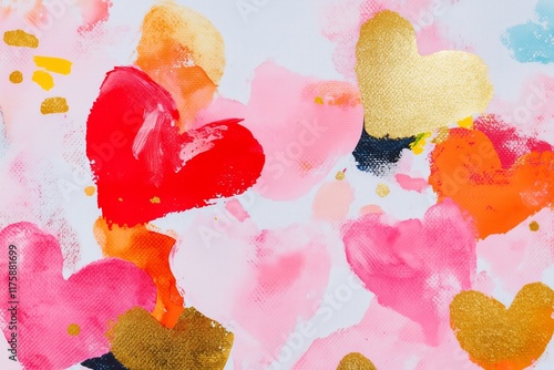 watercolor and modern print with hearts and roses, very beautiful, red pink and gold, Valentines card