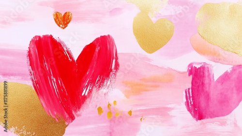 watercolor and modern print with hearts and roses, very beautiful, red pink and gold, Valentines card