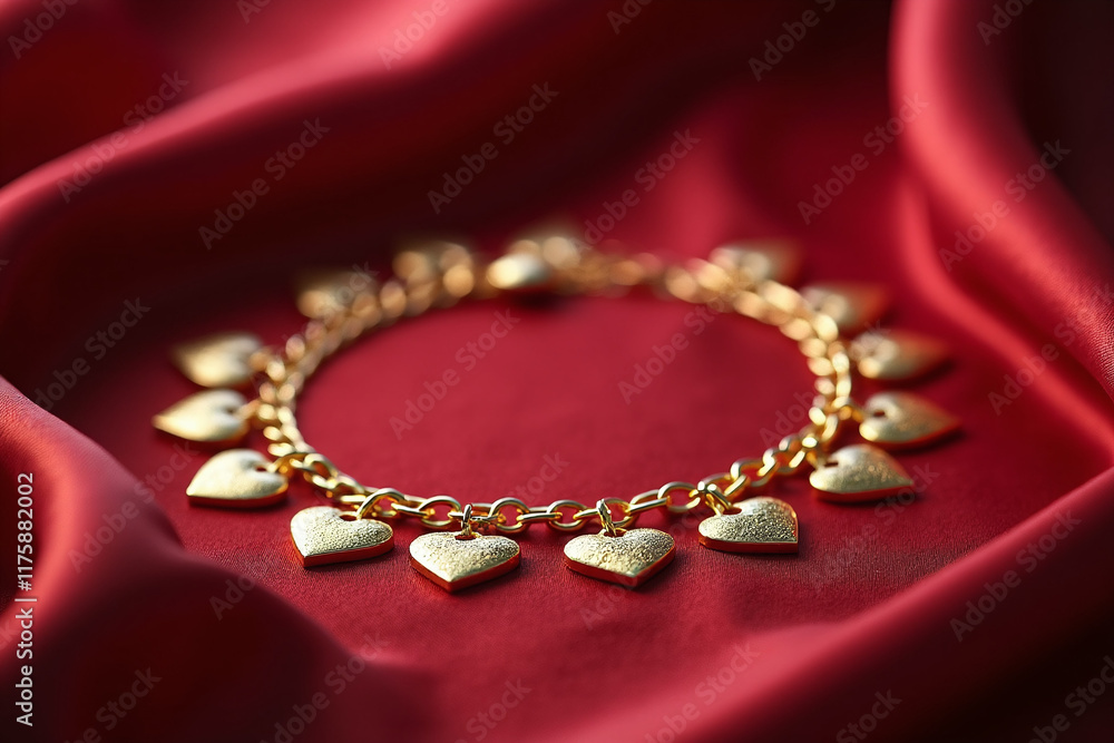 Obraz premium A golden heart charm bracelet elegantly displayed on soft red silk fabric, reflecting light and exuding romance and luxury. Valentine's Day. Birthday. Anniversary. Wedding. Surprise