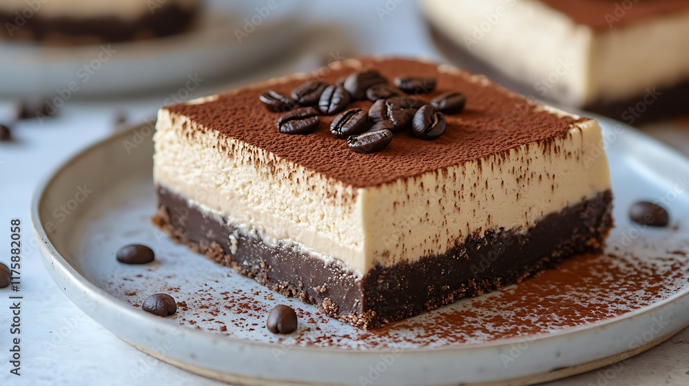 A close-up of a slice of coffee cheesecake, with a layer of chocolate ganache and a sprinkle of espresso powder A close-up of a slice of coffee cheesecake, with a layer of chocolate ganache and a sprinkle of espresso powder