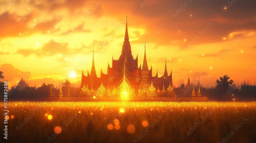 Fototapeta premium Magnificent Buddhist temple with ornate spires and towers silhouetted against a dramatic glowing sunset sky in a serene enchanting landscape of lush trees and a grassy field The scene has a mystical