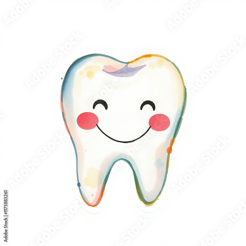 Happy tooth illustration, perfect for dental care resources, children's books, or educational materials.  Bright, cheerful watercolor style.