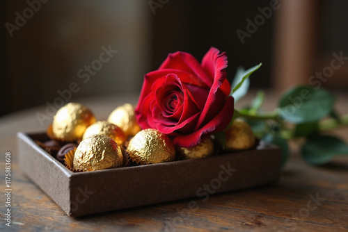 A romantic box of golden chocolates is adorned with a deep red rose, symbolizing love and indulgence. Valentine's Day. Birthday. Anniversary. photo