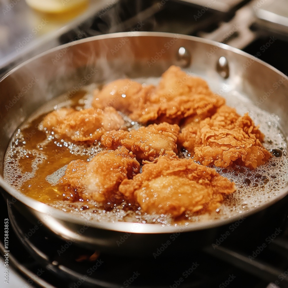 Crispy fried chicken pieces sizzling in a hot pan on the stove. Crispy fried chicken pieces sizzling in a hot pan on the stove.