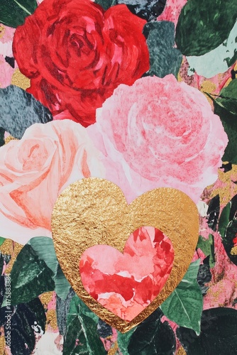 watercolor vintage print with hearts and roses, very beautiful, red pink and gold, Valentines card