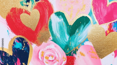 watercolor vintage print with hearts and roses, very beautiful, red pink and gold, Valentines card