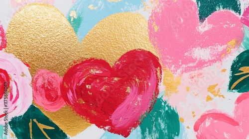 watercolor vintage print with hearts and roses, very beautiful, red pink and gold, Valentines card