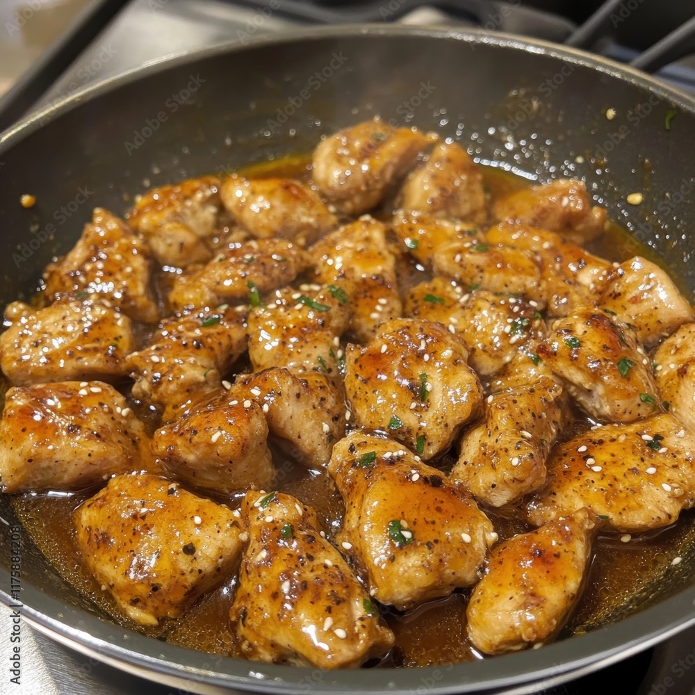 Juicy chicken pieces sizzling in a savory glaze in a hot skillet.