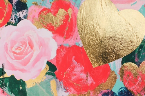 watercolor vintage print with hearts and roses, very beautiful, red pink and gold, Valentines card