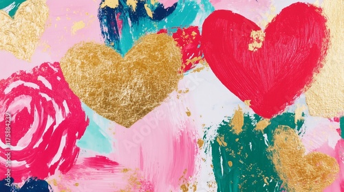 watercolor vintage print with hearts and roses, very beautiful, red pink and gold, Valentines card