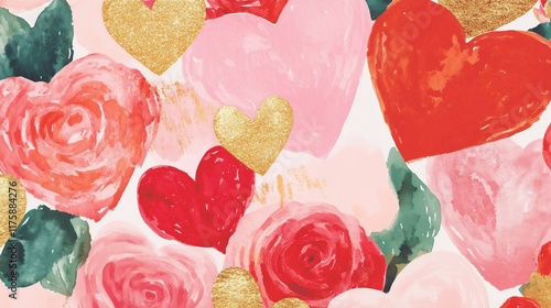 watercolor vintage print with hearts and roses, very beautiful, red pink and gold, Valentines card
