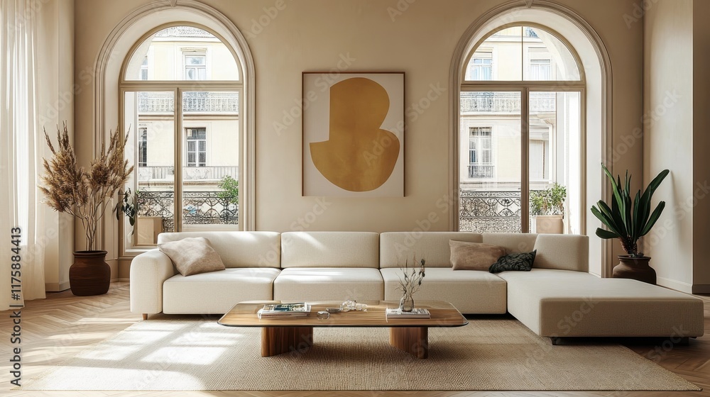 Fototapeta premium Modern minimalist living room, arched windows, natural light, beige sectional sofa, abstract circular artwork, wooden floors, potted plants, neutral color palette, spacious interior, clean lines, cozy