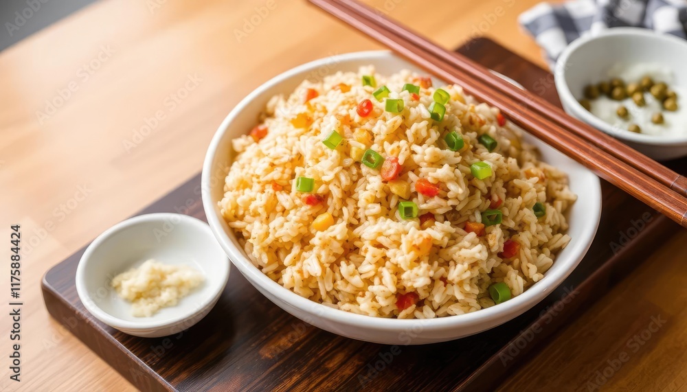 Fried rice in white bowl on wooden surface. Possible stock photo use Fried rice in white bowl on wooden surface. Possible stock photo use