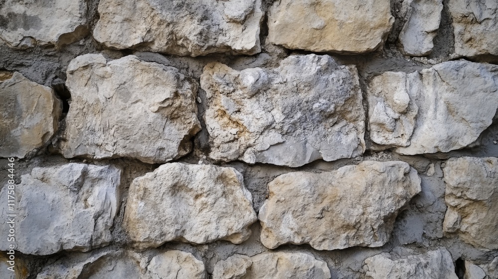 Close-up of a rustic stone wall texture with uneven, rough-hewn stones. Close-up of a rustic stone wall texture with uneven, rough-hewn stones.