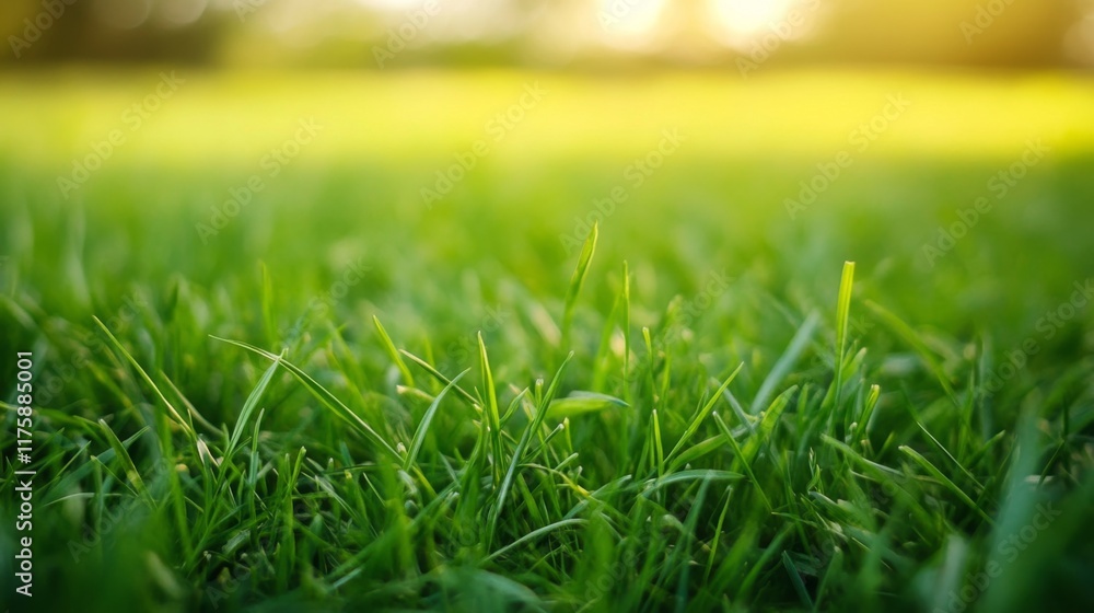 Fototapeta premium Close-up of vibrant green grass illuminated by sunlight.