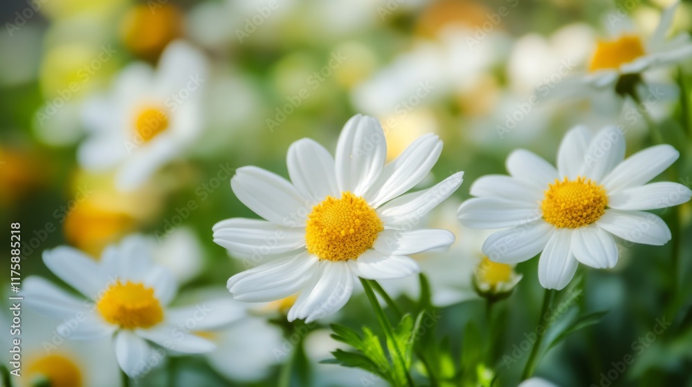 Close-up of white daisies with yellow centers in a field. Close-up of white daisies with yellow centers in a field.