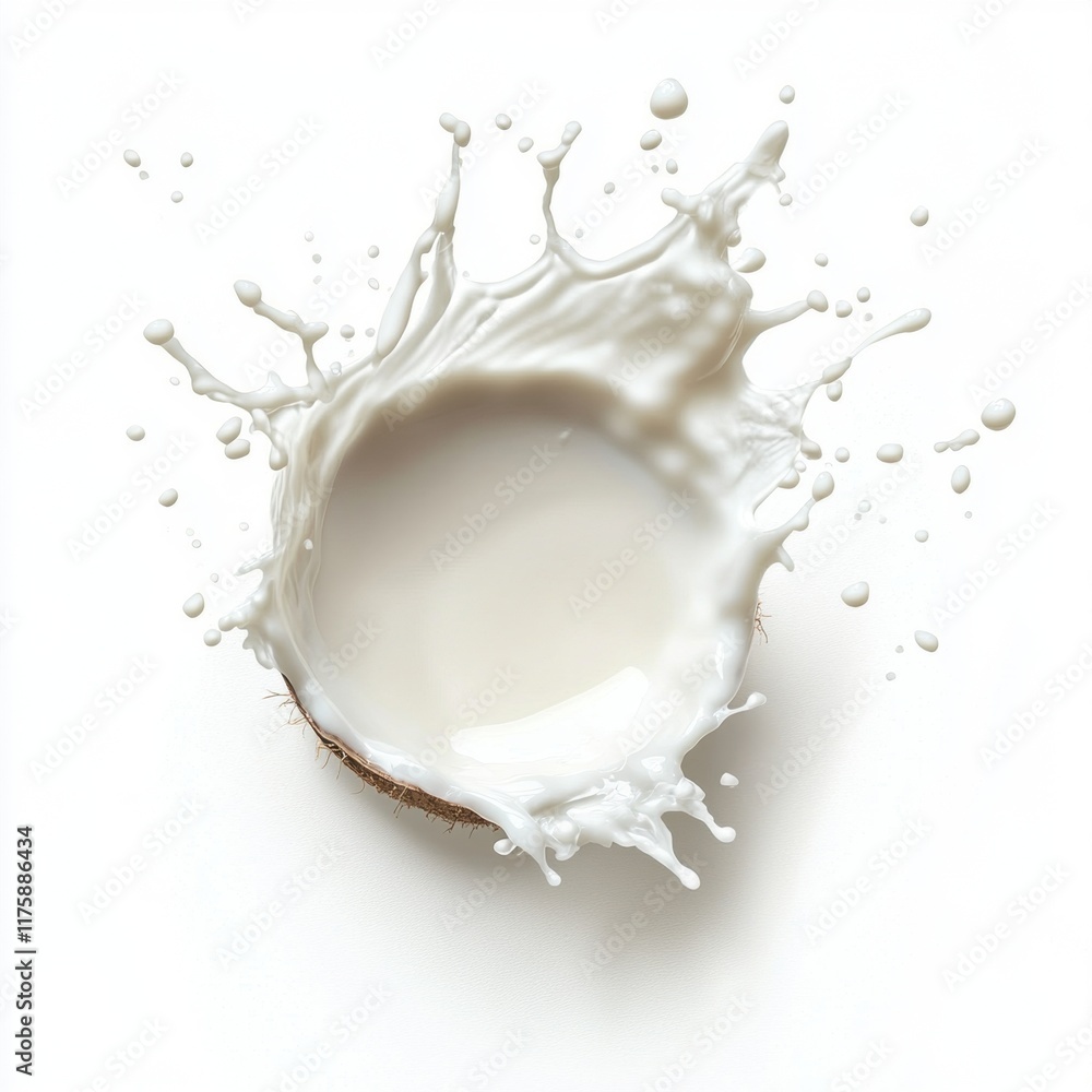 Coconut milk splash captured in mid-air with white background, highlighting freshness and vibrancy. Coconut milk splash captured in mid-air with white background, highlighting freshness and vibrancy.