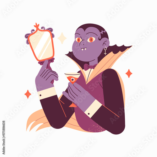 Vampire Holding Mirror And Drink In Flat Vector Illustration Symbolizing Halloween, Vanity, And Celebration, Isolated On White Background