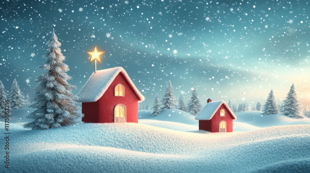 Fototapeta premium Red House Under Winter Snowfall