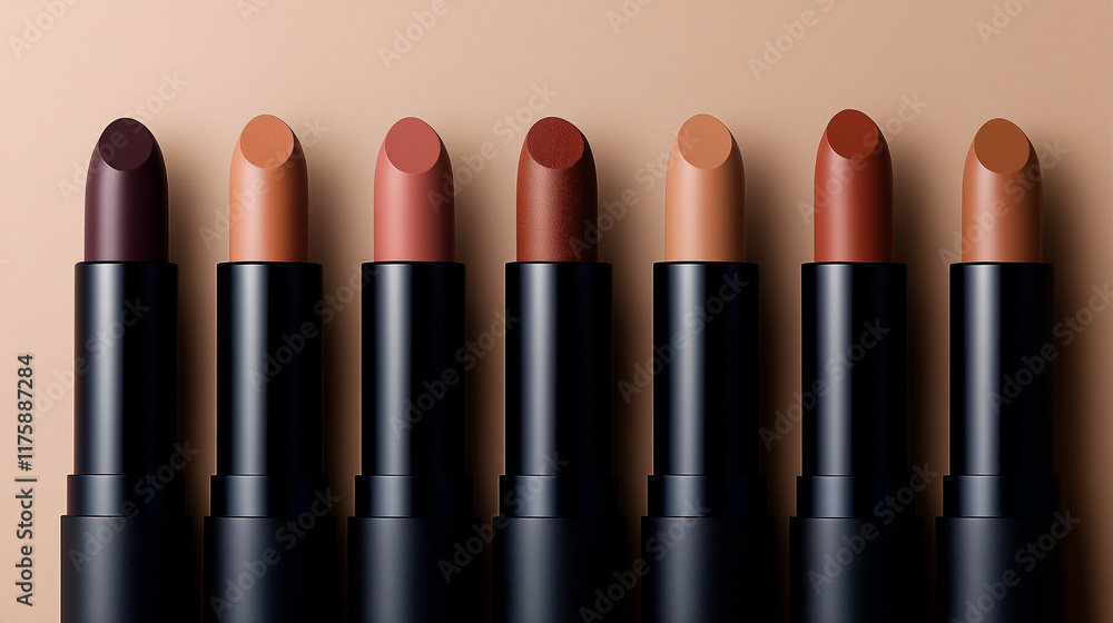 Obraz premium A collection of matte lipstick tubes in a Mocha Mousse-color. Each featuring neutral and earthy tones. Copy space.