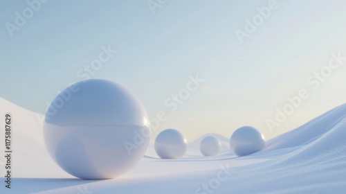 Four white spheres on a soft, undulating white surface against a pale blue sky.