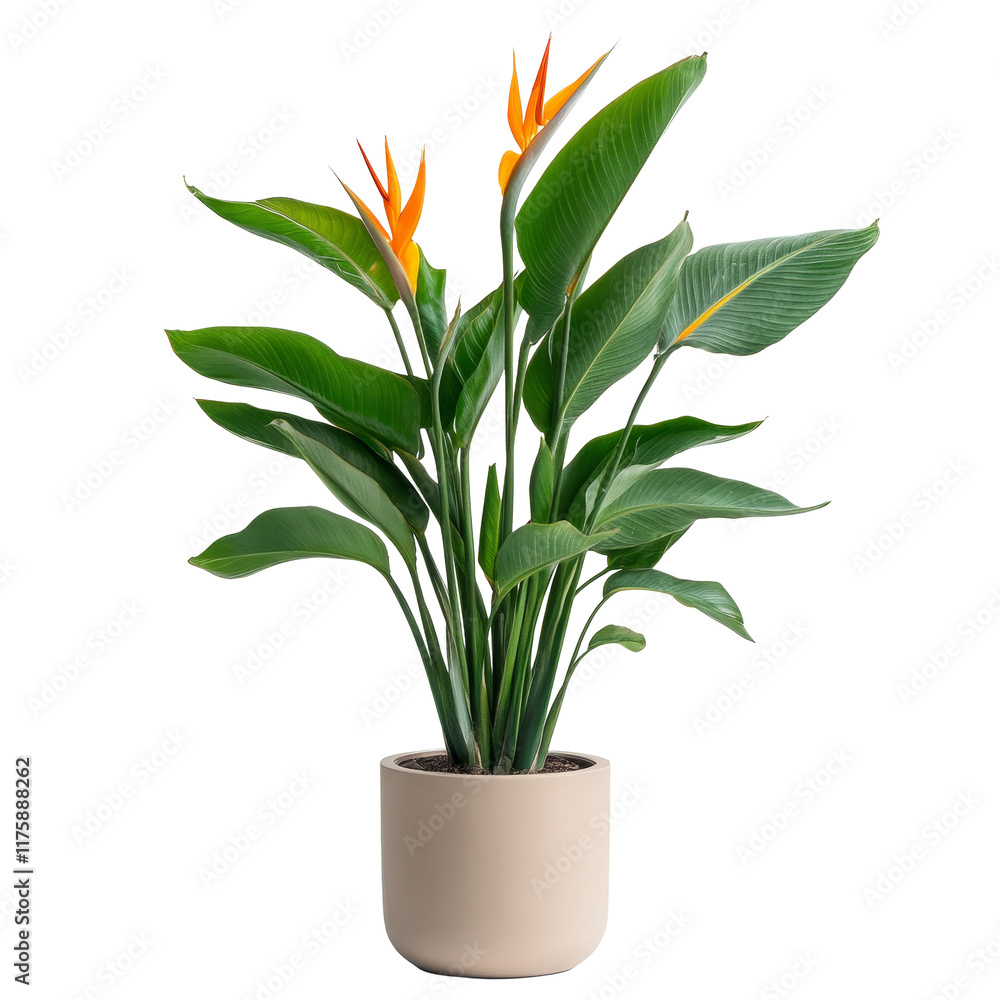 Vibrant orange bird of paradise in a neutral pot on a transparent background, Bird of paradise plant isolated transparent background