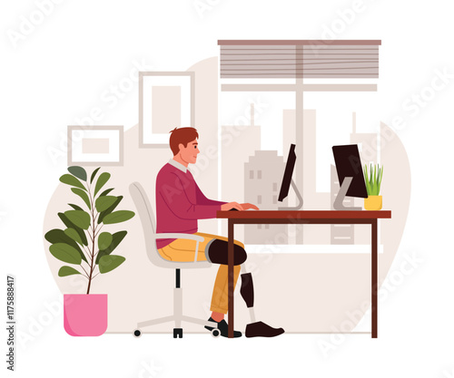 Vector illustration of a man with an artificial leg working in an office. Cartoon scene of a man with an artificial leg sitting at a table with a computer, flower pots, window, posters on the wall.