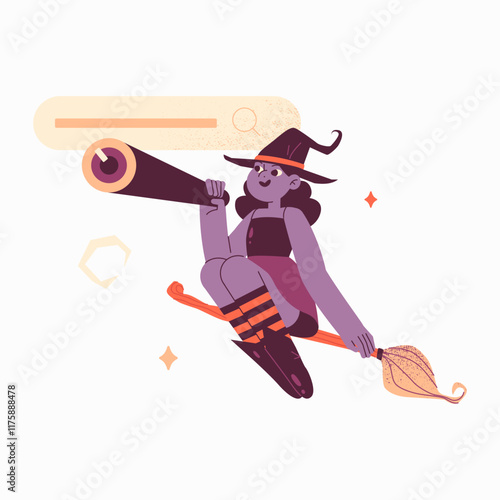 Female Witch Flying On Broom With Telescope In Flat Vector Illustration Symbolizing Halloween, Magic, And Exploration, Isolated On White Background