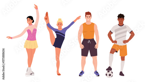 Vector illustration of a group of athletes. Cartoon scene of young, slender boys and girls athletes: girl figure skater, gymnast, pumped up guy, football player with ball isolated on white background.