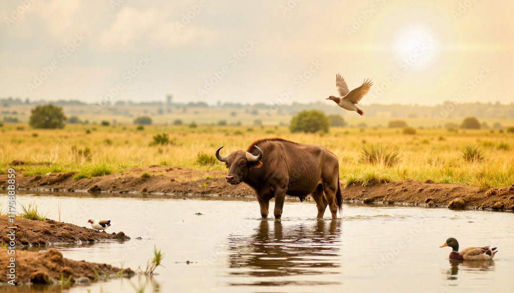 Cape buffalo standing in shallow water at savannah sunset, wildlife tranquility Cape buffalo standing in shallow water at savannah sunset, wildlife tranquility